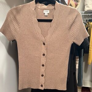 J. Crew Tan Ribbed Scalloped Cardigan xs